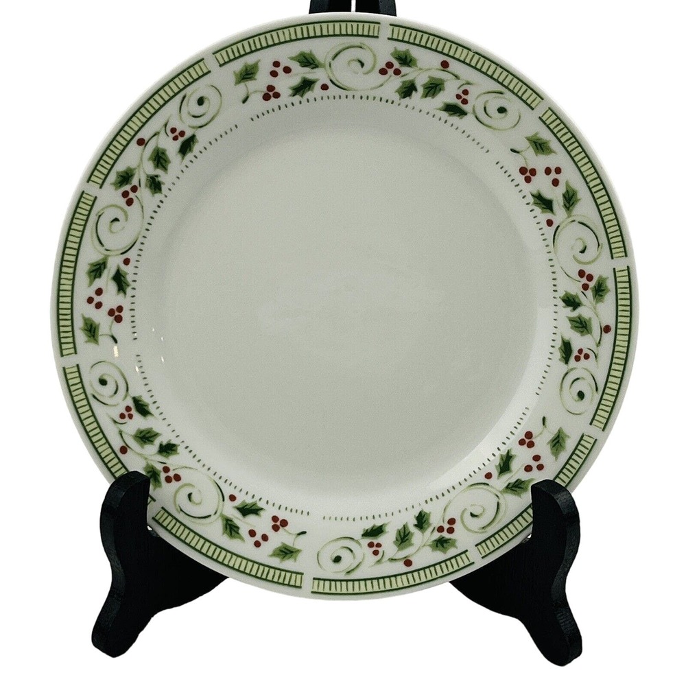 Gibson Everyday Christmas In A Holly Salad Plate 7.5" Berries Green Band Swirls